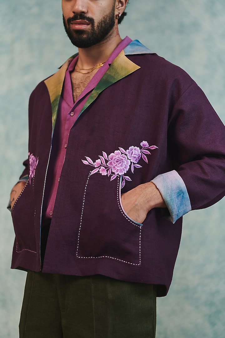 Plum Pure Linen Open Jacket by Saphed Men at Pernia's Pop Up Shop