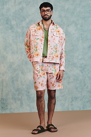 Light Pink Cotton Linen Digital Printed Jacket Set by Saphed Men
