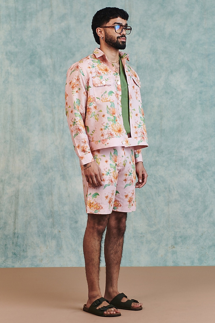 Light Pink Cotton Linen Digital Printed Jacket Set by Saphed Men at Pernia's Pop Up Shop