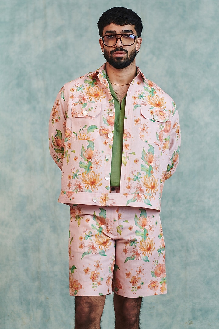 Light Pink Cotton Linen Digital Printed Jacket Set by Saphed Men at Pernia's Pop Up Shop