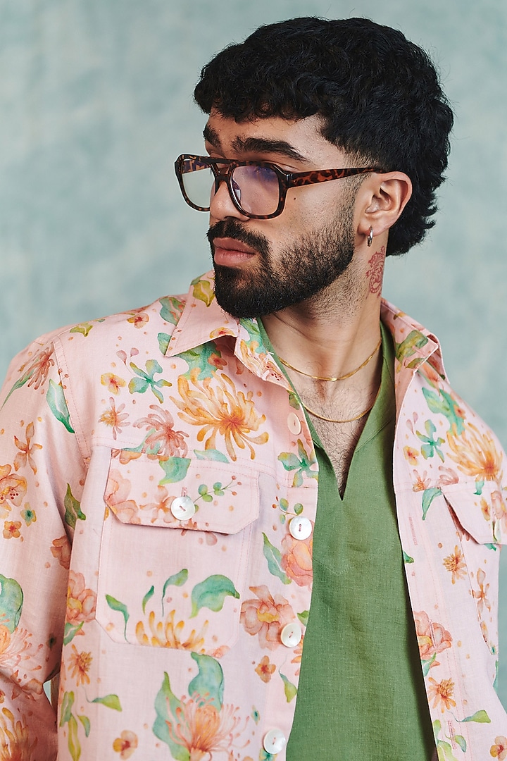 Light Pink Cotton Linen Digital Printed Jacket Set by Saphed Men at Pernia's Pop Up Shop