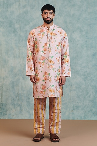 Light Pink-Yellow Cotton Linen Digital Printed Kurta Set by Saphed Men