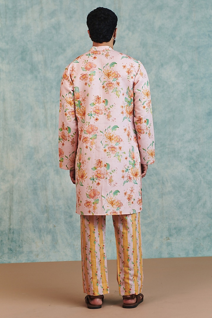 Light Pink-Yellow Cotton Linen Digital Printed Kurta Set by Saphed Men at Pernia's Pop Up Shop