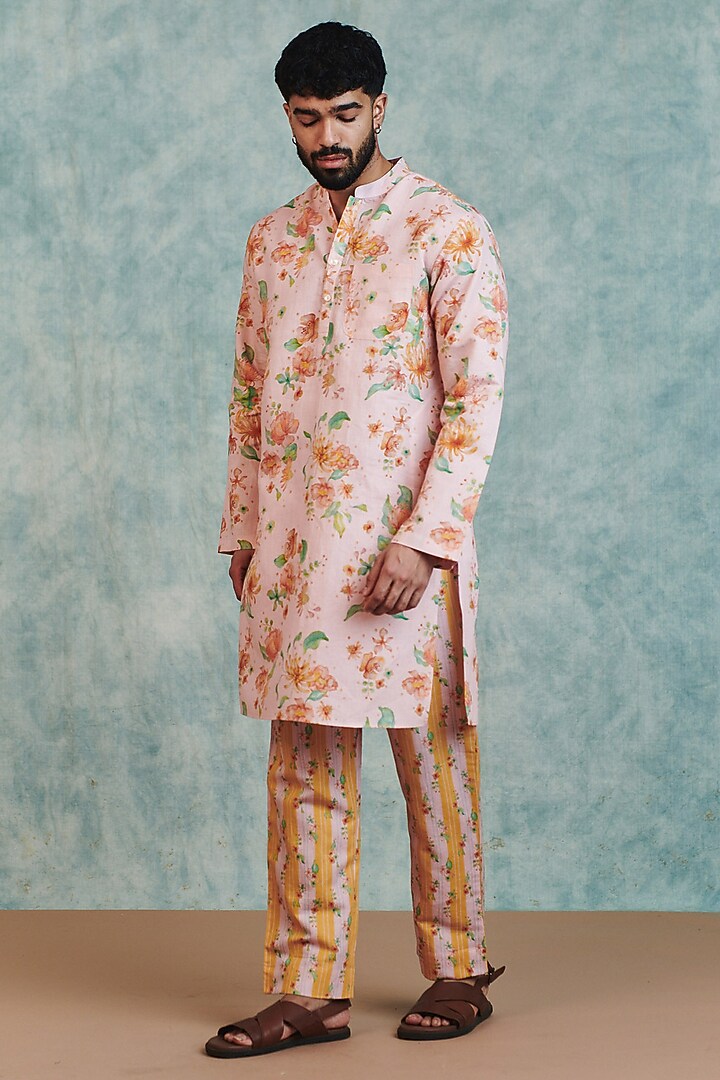 Light Pink-Yellow Cotton Linen Digital Printed Kurta Set by Saphed Men at Pernia's Pop Up Shop