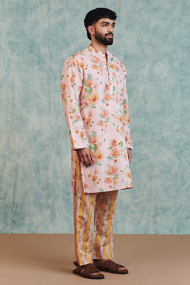 Light Pink-Yellow Cotton Linen Digital Printed Kurta Set by Saphed Men at Pernia's Pop Up Shop