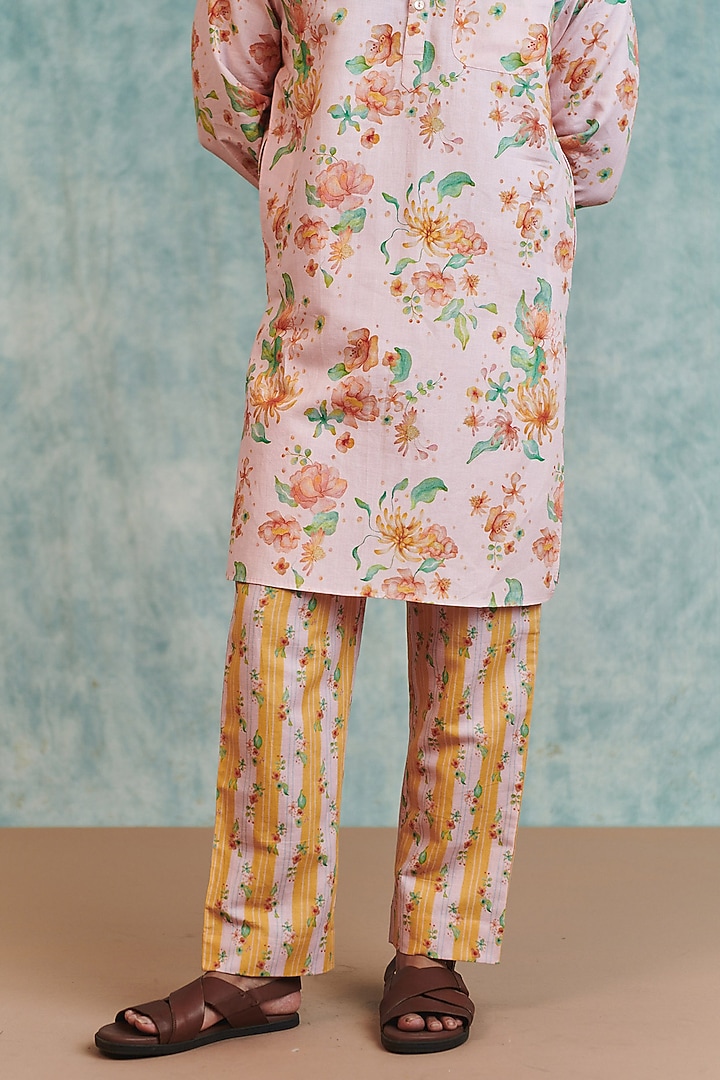 Light Pink-Yellow Cotton Linen Digital Printed Kurta Set by Saphed Men at Pernia's Pop Up Shop