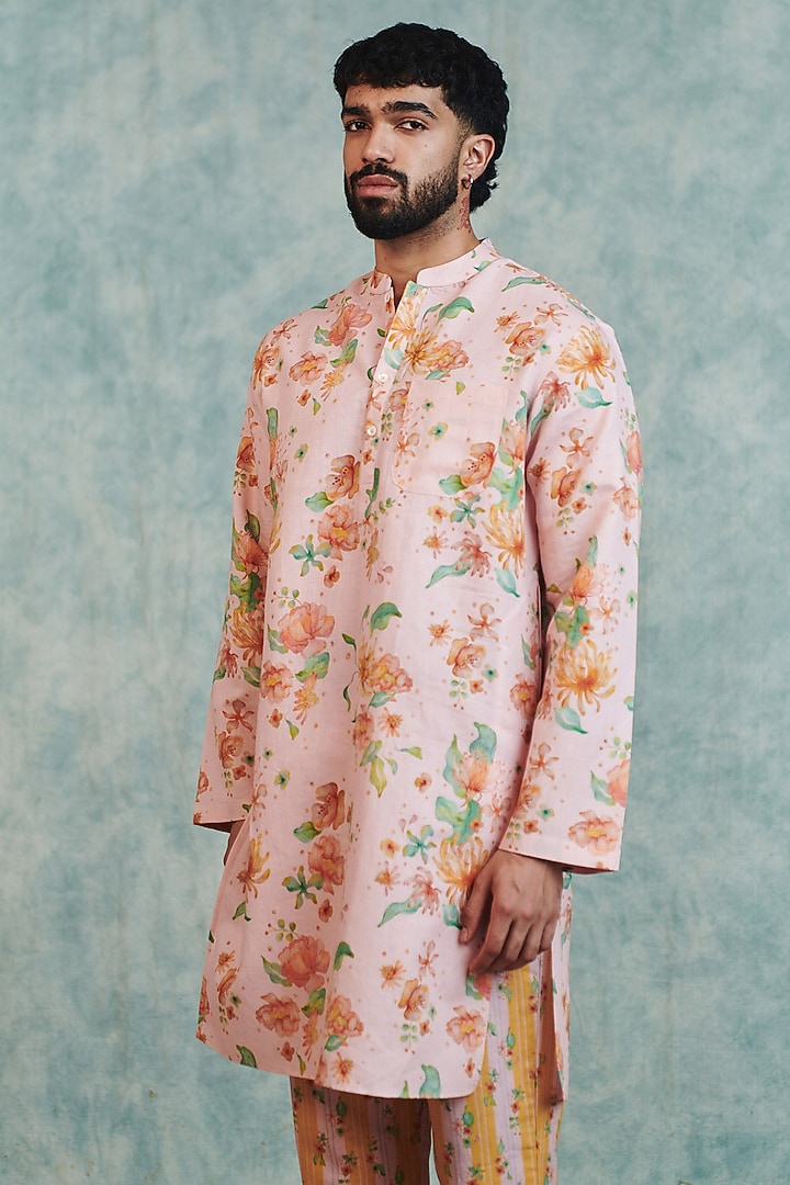 Light Pink-Yellow Cotton Linen Digital Printed Kurta Set by Saphed Men at Pernia's Pop Up Shop