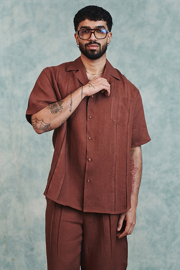 Chocolate Brown Pure Linen Party Wear Shirt by Saphed Men at Pernia's Pop Up Shop