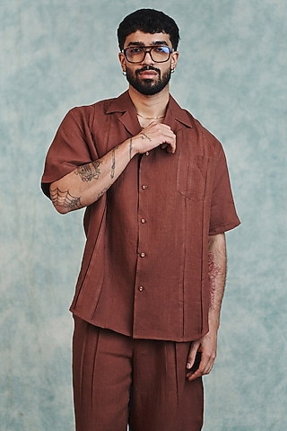 Chocolate Brown Pure Linen Shirt by Saphed Men