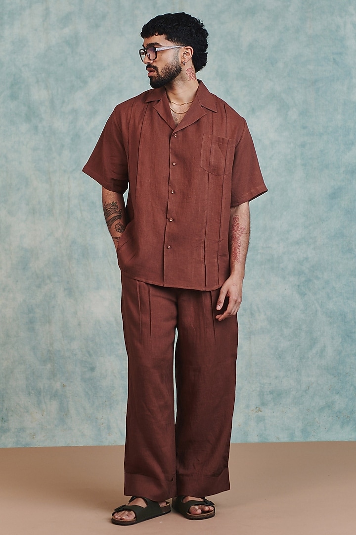 Chocolate Brown Pure Linen Party Wear Shirt by Saphed Men at Pernia's Pop Up Shop