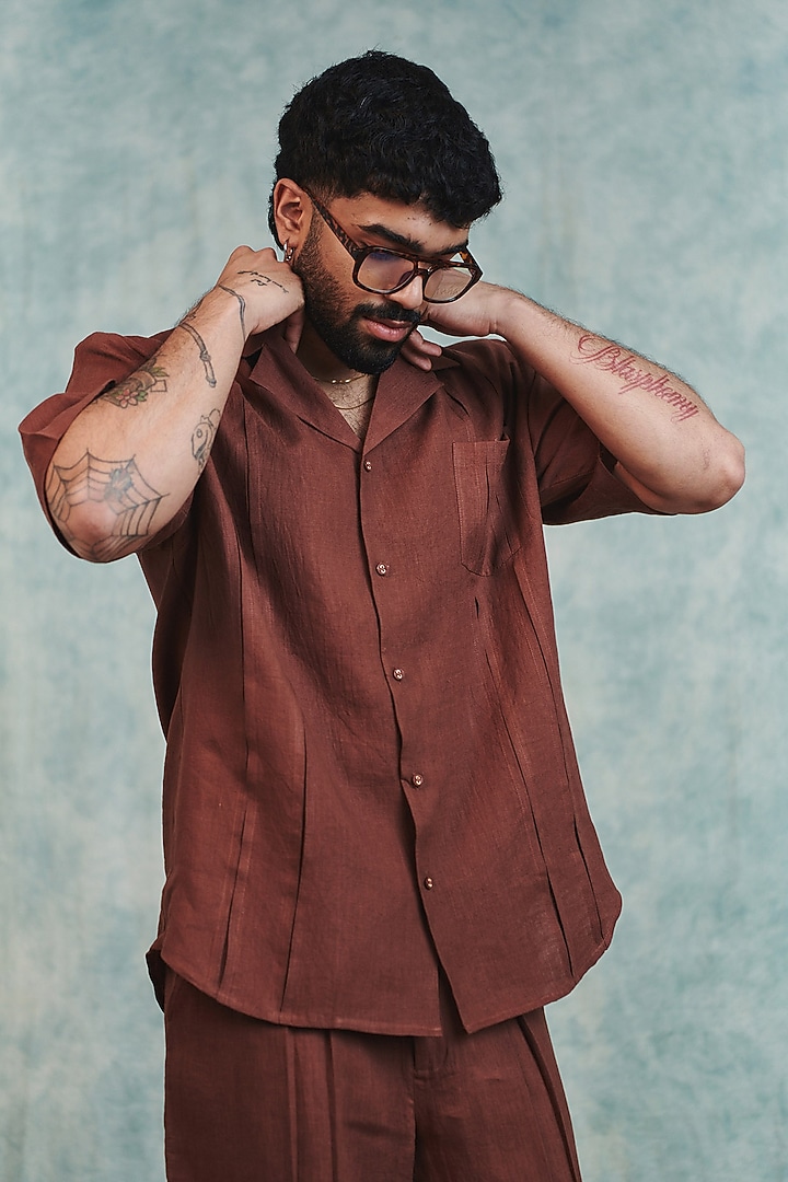 Chocolate Brown Pure Linen Party Wear Shirt by Saphed Men at Pernia's Pop Up Shop