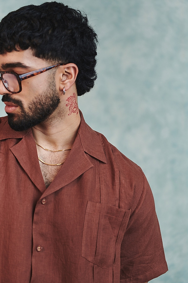 Chocolate Brown Pure Linen Party Wear Shirt by Saphed Men at Pernia's Pop Up Shop