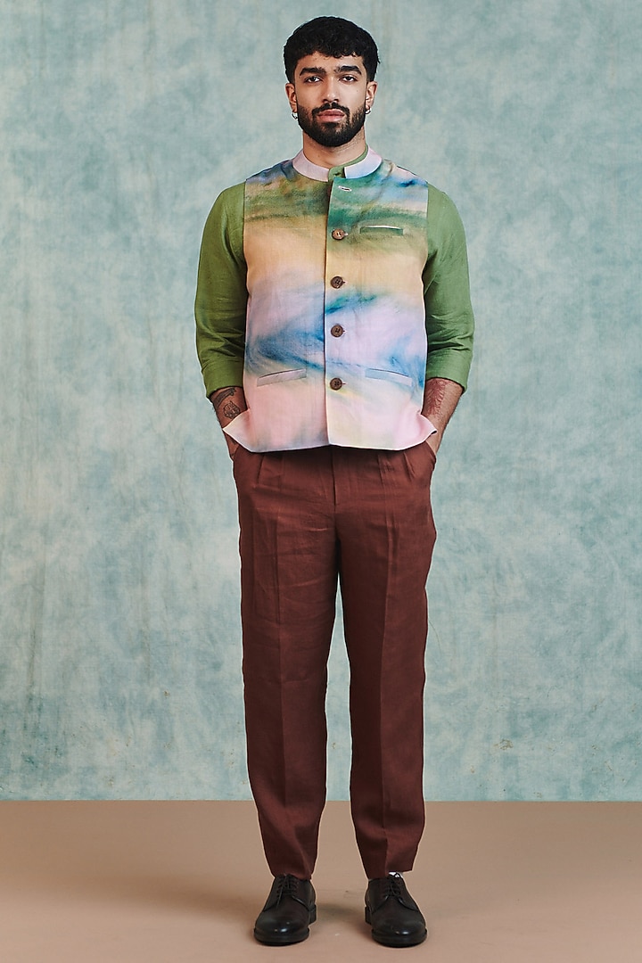 Chocolate Brown Pure Linen Tapered Pants by Saphed Men at Pernia's Pop Up Shop