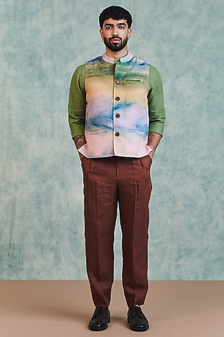 Chocolate Brown Pure Linen Tapered Pants by Saphed Men