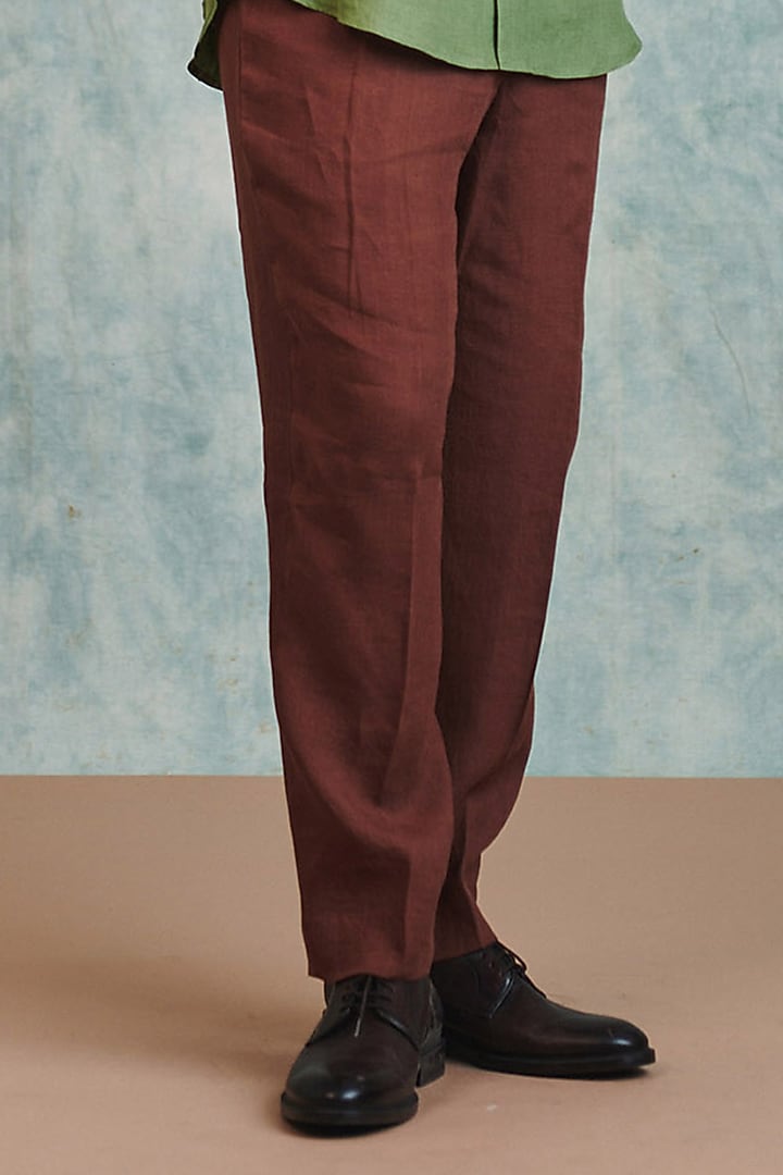 Chocolate Brown Pure Linen Tapered Pants by Saphed Men at Pernia's Pop Up Shop