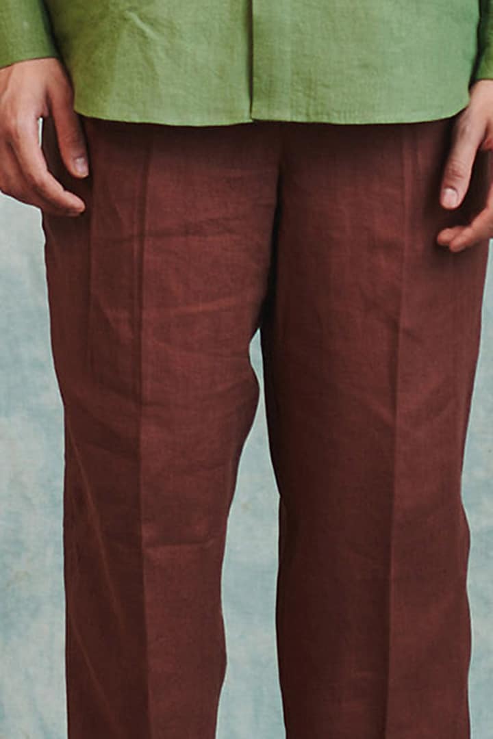 Chocolate Brown Pure Linen Tapered Pants by Saphed Men at Pernia's Pop Up Shop