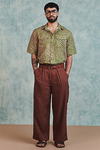 Chocolate Brown Pure Linen Baggy Pants by Saphed Men