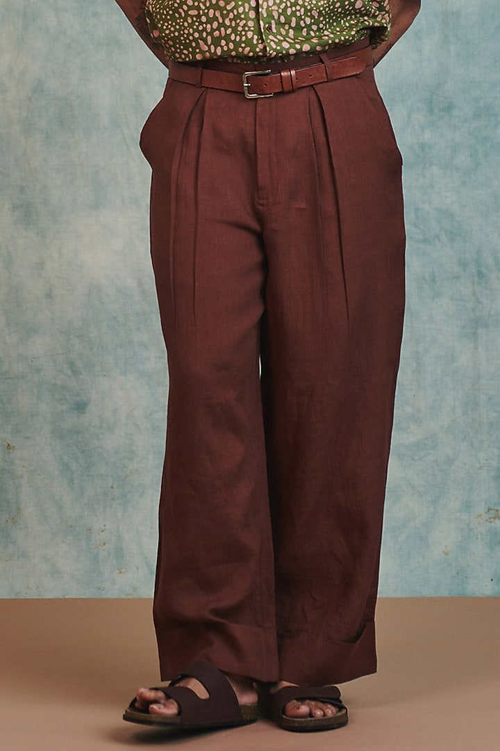 Chocolate Brown Pure Linen Baggy Pants by Saphed Men at Pernia's Pop Up Shop