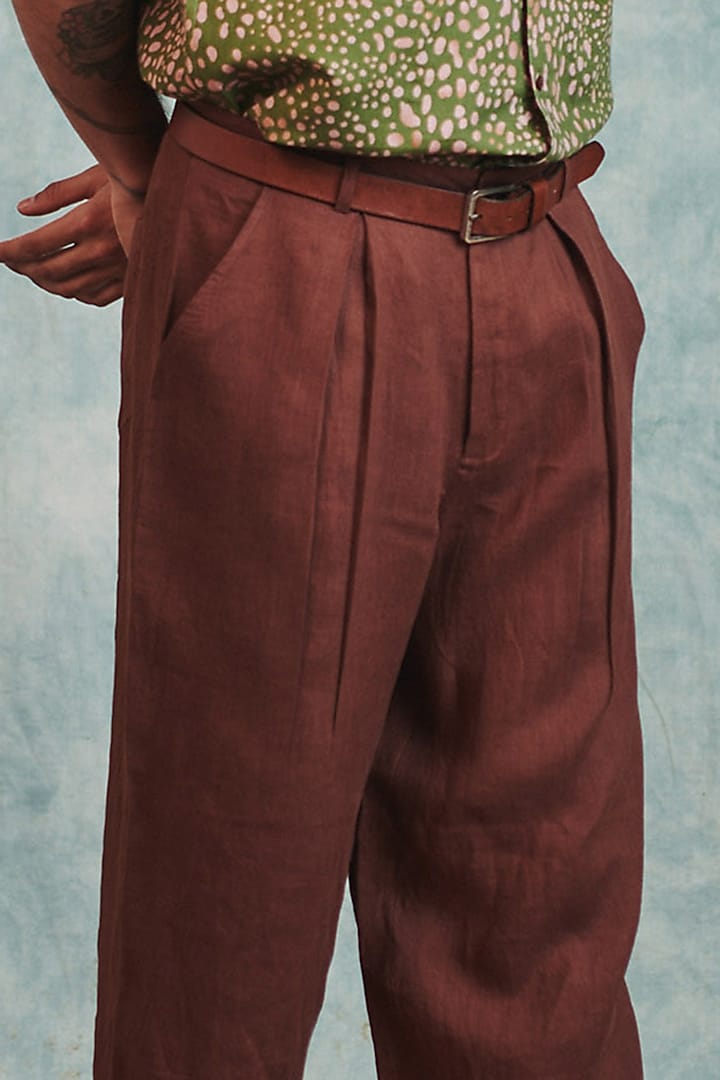 Chocolate Brown Pure Linen Baggy Pants by Saphed Men at Pernia's Pop Up Shop