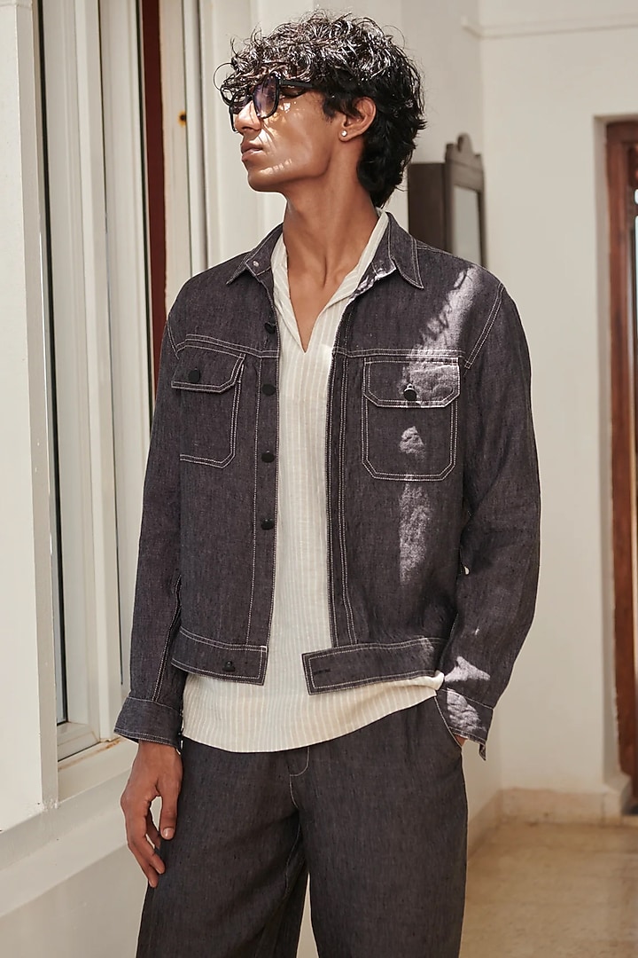 Charcoal Grey Pure Linen Jacket by Saphed Men