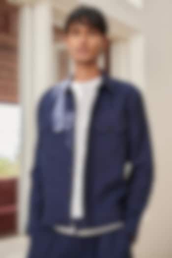 Navy Blue Pure Linen Jacket by Saphed Men