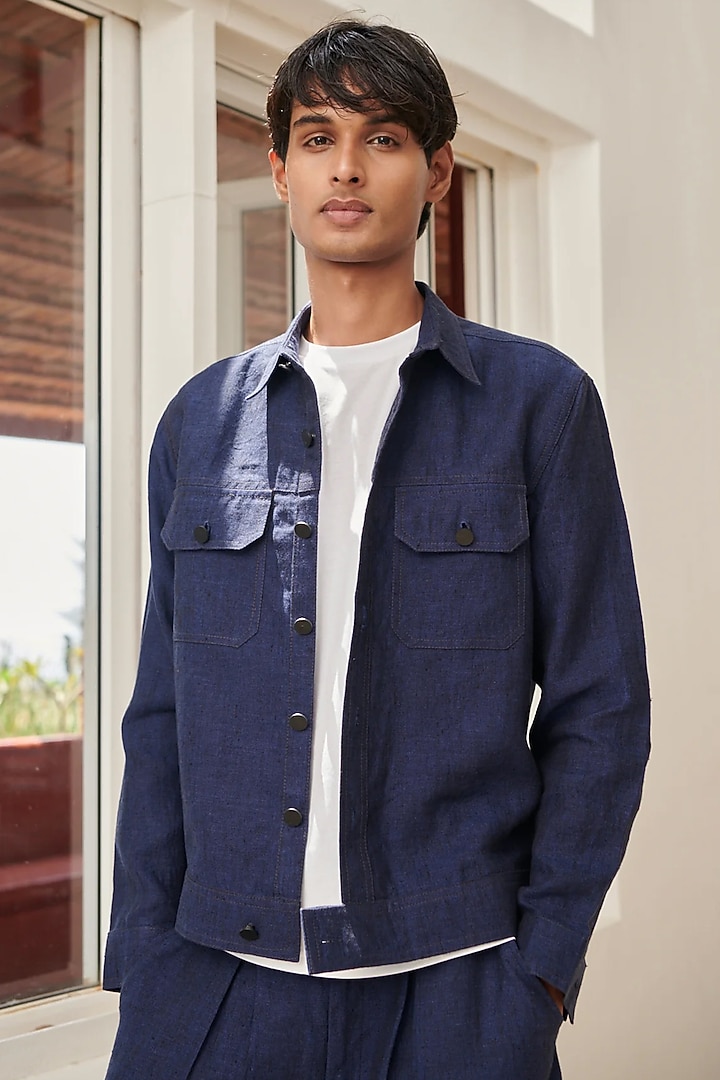 Navy Blue Pure Linen Jacket by Saphed Men