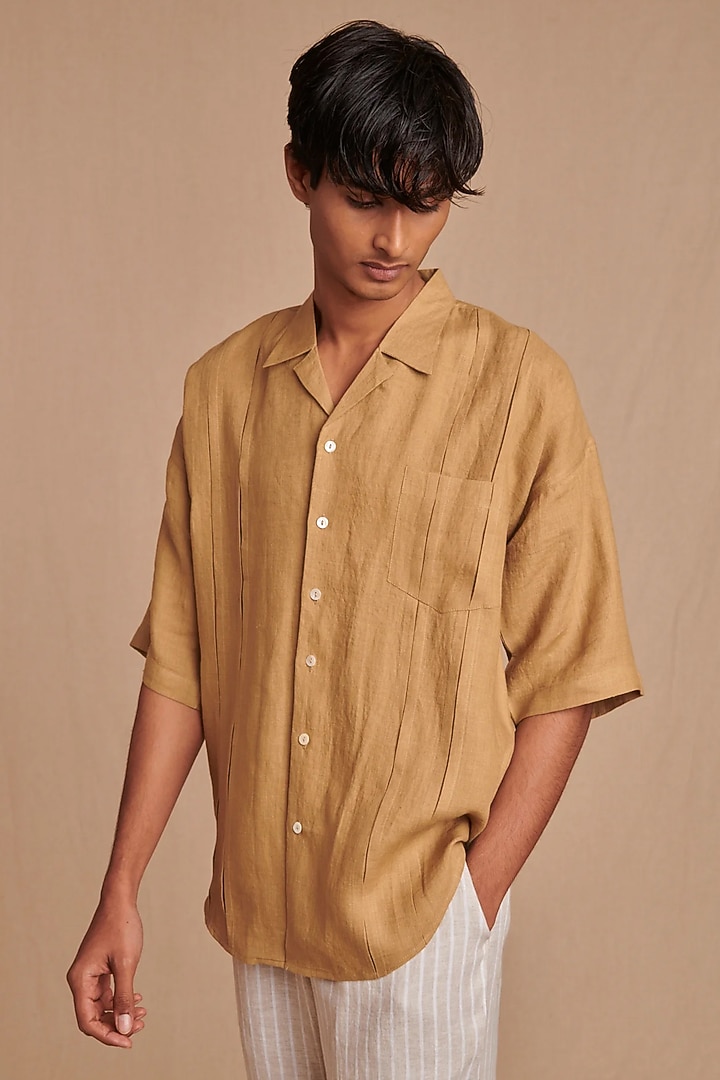 Dark Beige Pure Linen Party Wear Shirt by Saphed Men at Pernia's Pop Up Shop