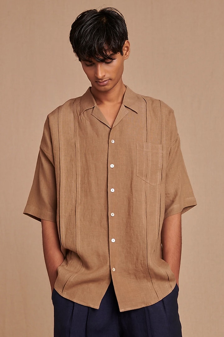 Light Brown Pure Linen Party Wear Shirt by Saphed Men at Pernia's Pop Up Shop