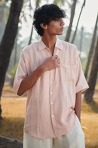 Pastel Pink Pure Linen Shirt by Saphed Men