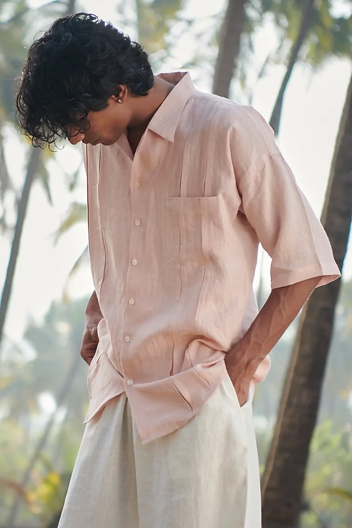 Pastel Pink Pure Linen Party Wear Shirt by Saphed Men at Pernia's Pop Up Shop