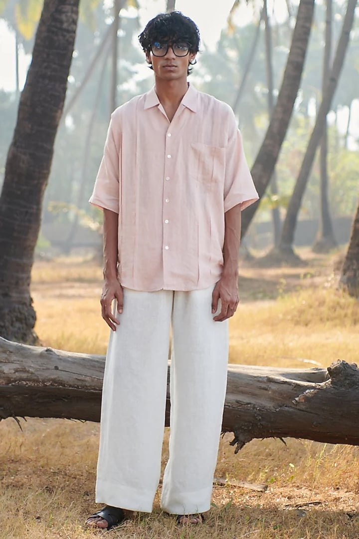 Pastel Pink Pure Linen Party Wear Shirt by Saphed Men at Pernia's Pop Up Shop