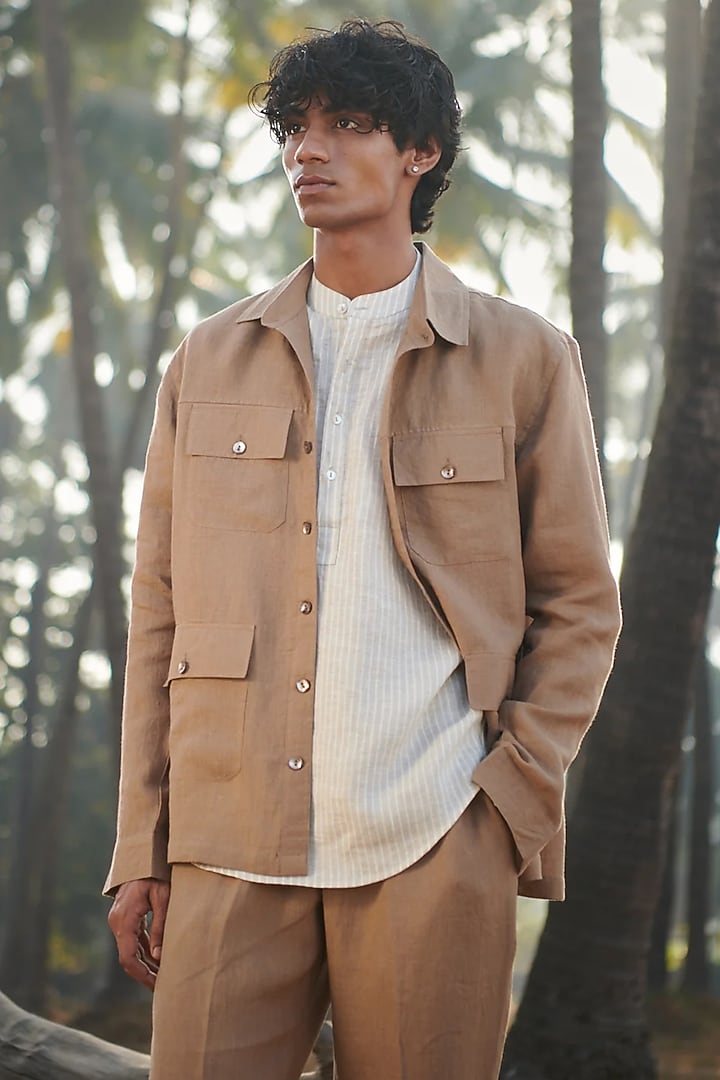 Light Brown Pure Linen Oversized Party Wear Shirt by Saphed Men at Pernia's Pop Up Shop