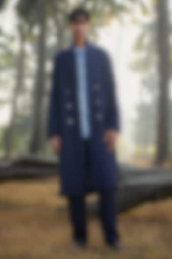 Navy Blue Pure Linen Trench Jacket by Saphed Men