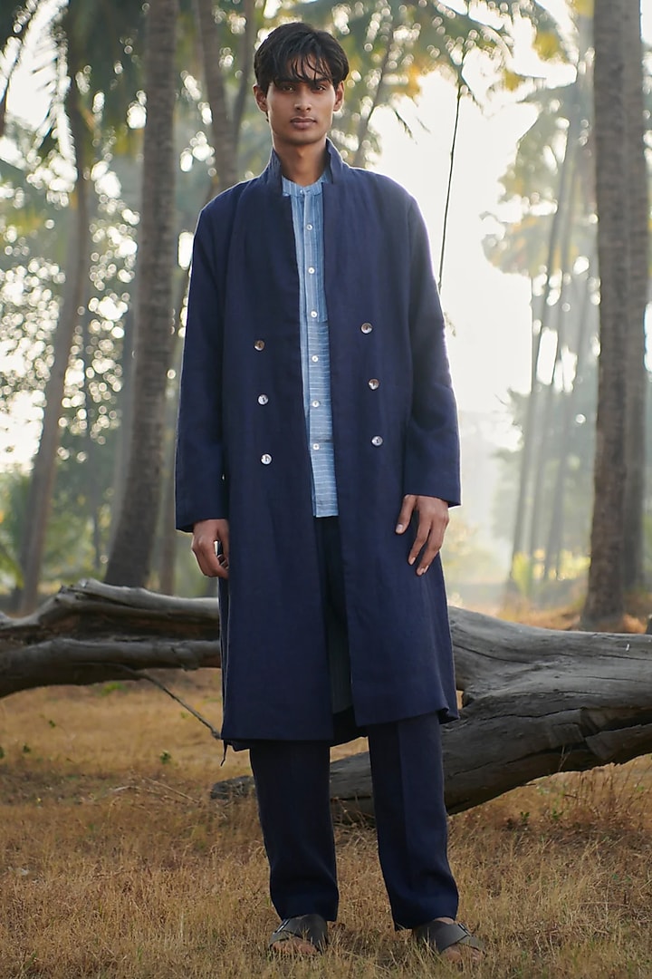 Navy Blue Pure Linen Trench Jacket by Saphed Men