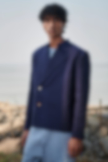 Navy Blue Pure Linen Bandhgala Jacket by Saphed Men at Pernia's Pop Up Shop