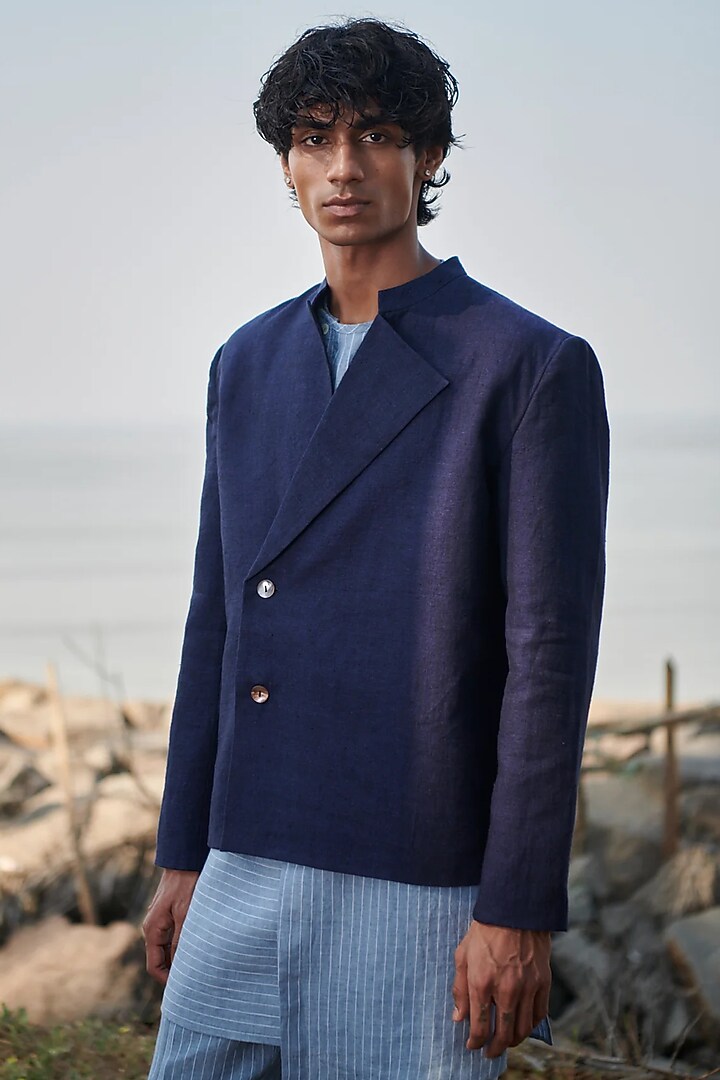 Navy Blue Pure Linen Bandhgala Jacket by Saphed Men at Pernia's Pop Up Shop