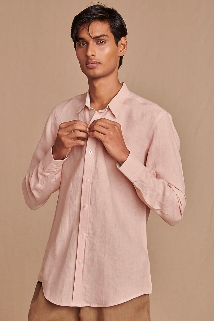 Blush Pink Pure Linen Shirt by Saphed Men
