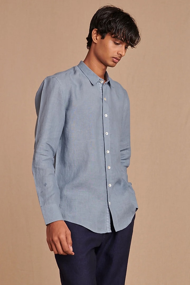 Sky Blue Pure Linen Shirt by Saphed Men