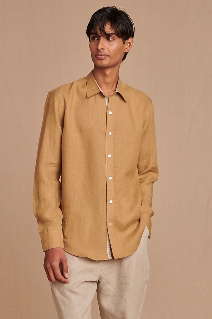 Dark Beige Pure Linen Shirt by Saphed Men