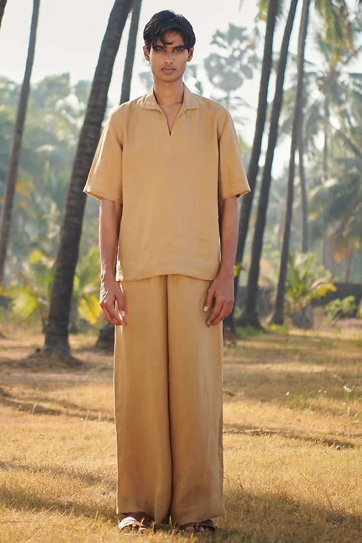 Dark Beige Pure Linen Popover Shirt by Saphed Men
