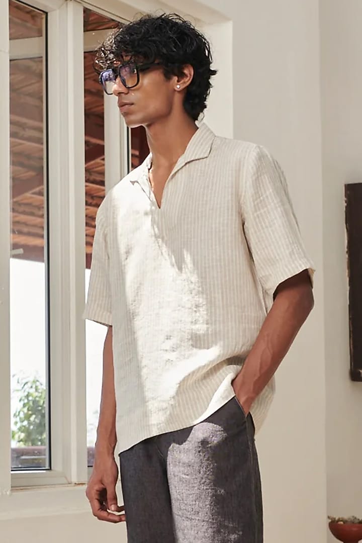 Off-White Pure Linen Popover Shirt by Saphed Men