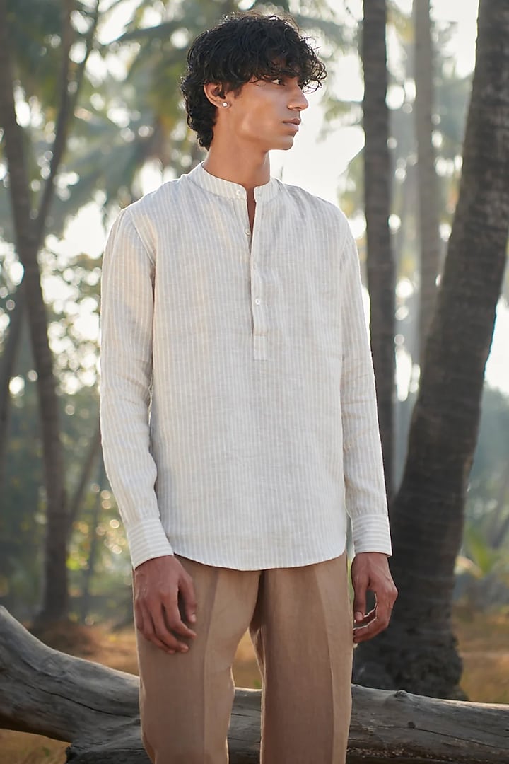 Off-White Pure Linen Shirt Kurta by Saphed Men