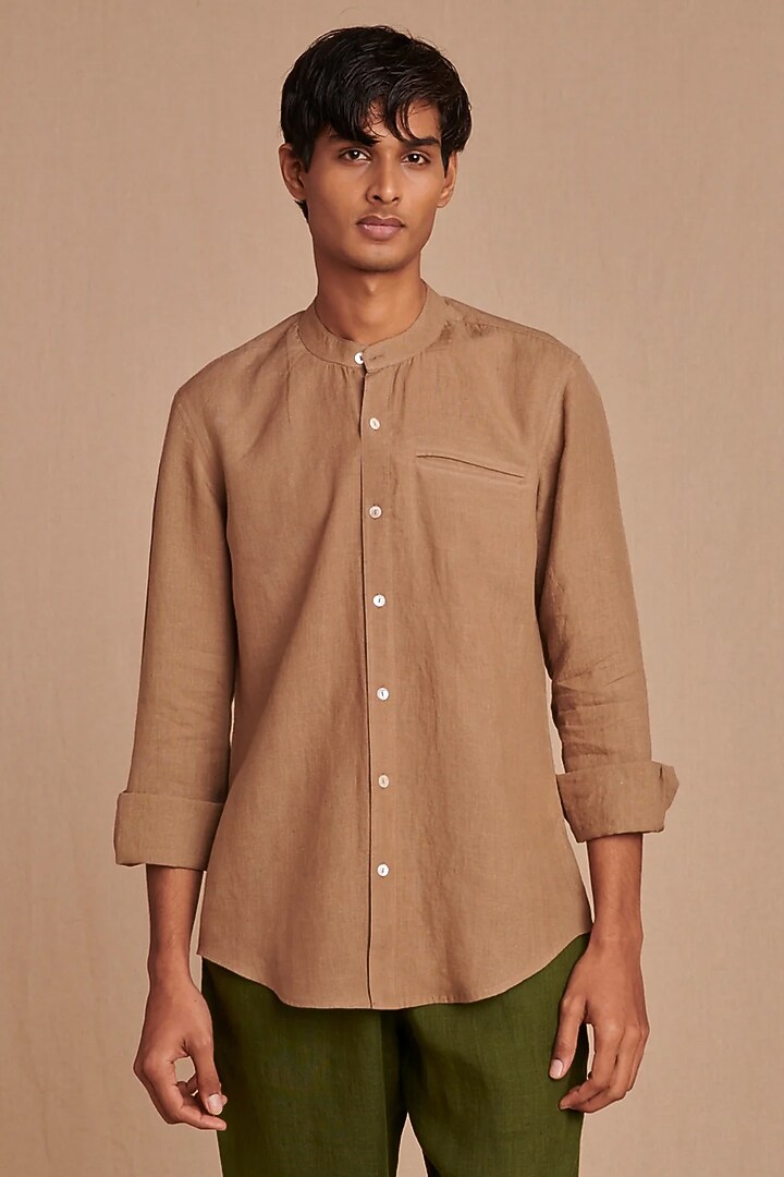 Mouse Light Brown Pure Linen Party Wear Shirt by Saphed Men at Pernia's Pop Up Shop