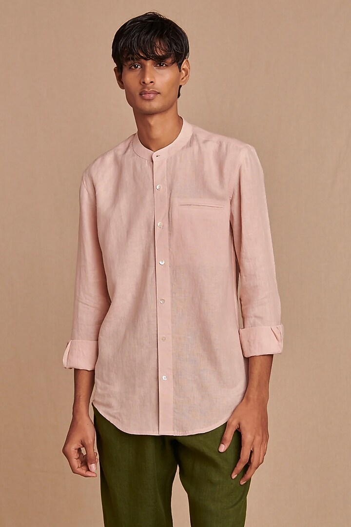 Pastel Pink Pure Linen Party Wear Shirt by Saphed Men at Pernia's Pop Up Shop