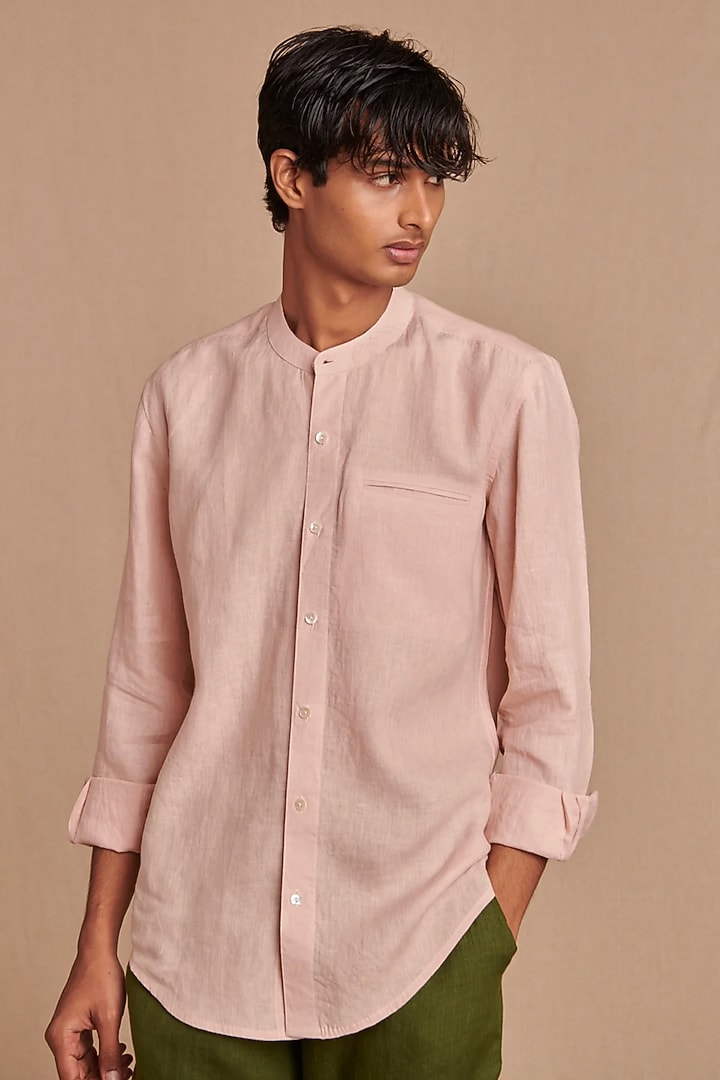Pastel Pink Pure Linen Party Wear Shirt by Saphed Men at Pernia's Pop Up Shop