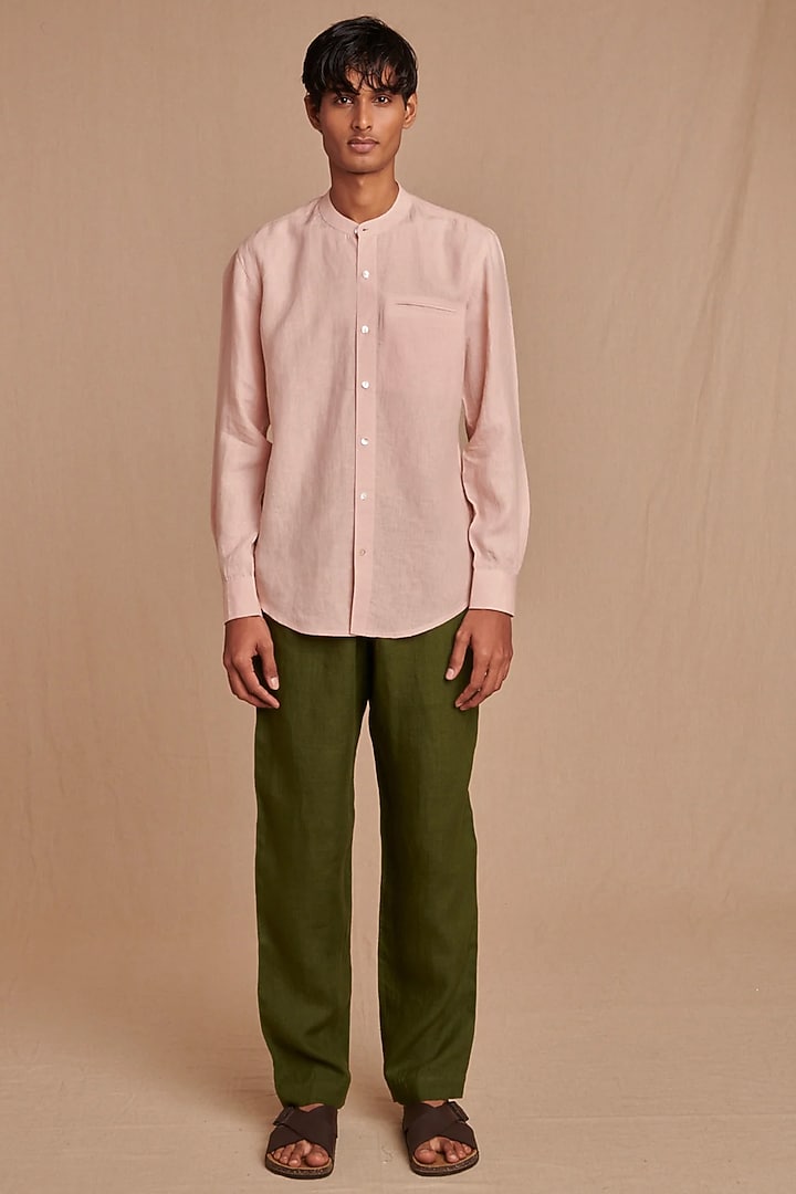 Pastel Pink Pure Linen Party Wear Shirt by Saphed Men at Pernia's Pop Up Shop