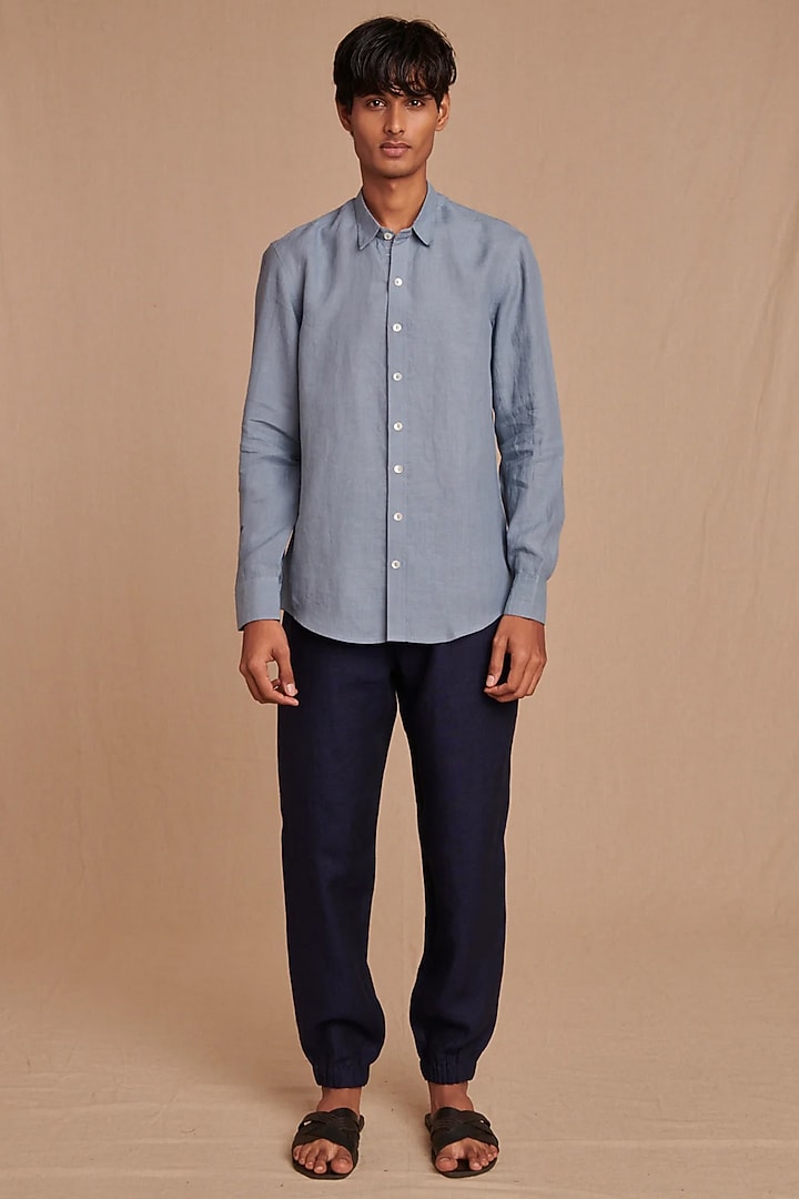 Navy Blue Pure Linen Weaved Joggers by Saphed Men at Pernia's Pop Up Shop