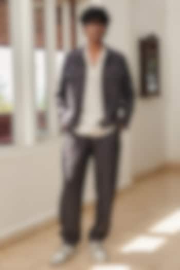 Graphite Charcoal Grey Pure Linen Woven Joggers by Saphed Men at Pernia's Pop Up Shop