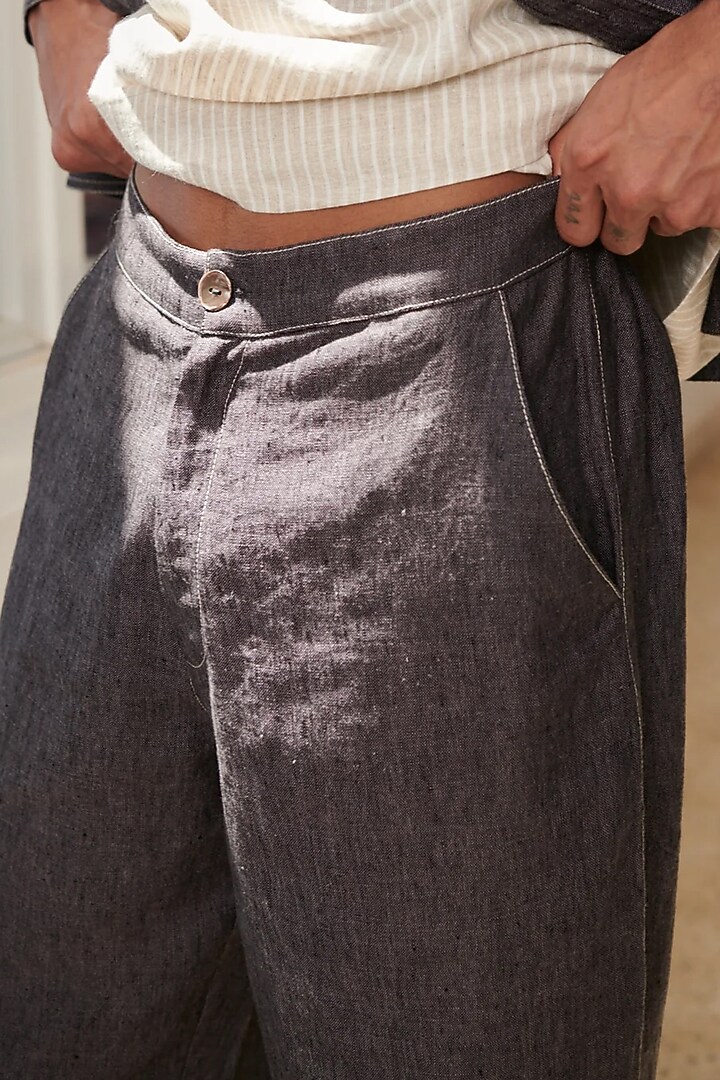 Graphite Charcoal Grey Pure Linen Woven Joggers by Saphed Men at Pernia's Pop Up Shop