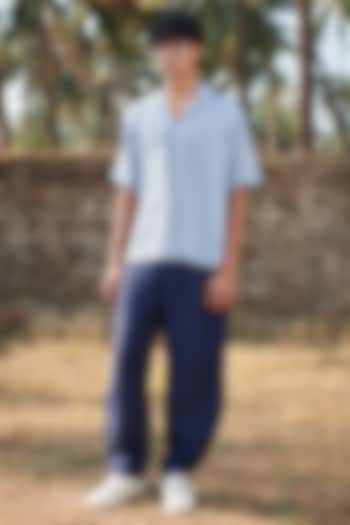 Navy Blue Pure Linen Barrel Pants by Saphed Men